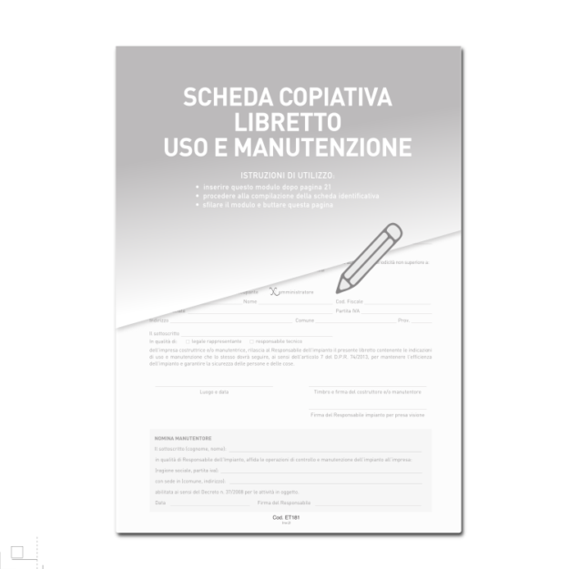 ET181 SCHEDA IDENTIFICATIVA PER LIBRETTI USO E MANUTENZIONE