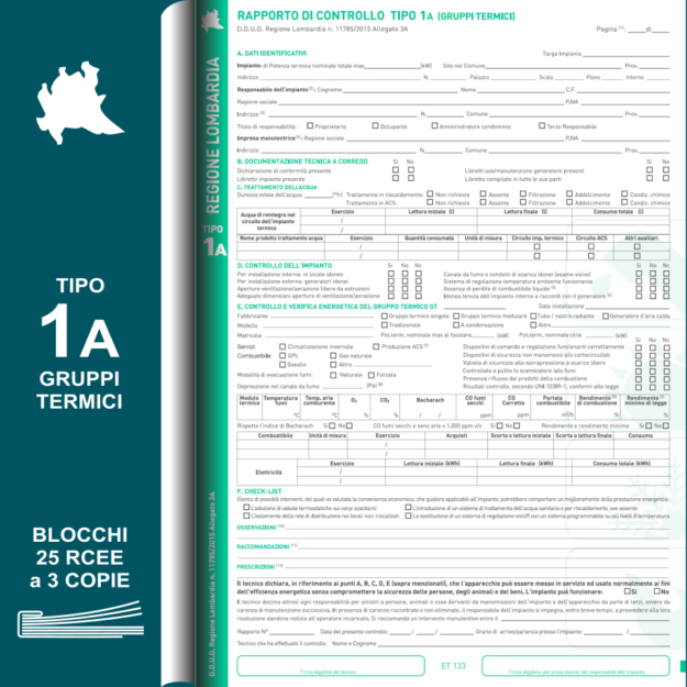 ET133-BLS BLOCCO da 25 RAPPORTI DI CONTROLLO A 3 COPIE LOMBARDIA TIPO 1A