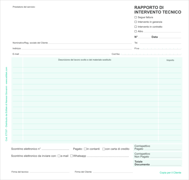 ET337SE RAPPORTI DI INTERVENTO PER SCONTRINO ELETTRONICO