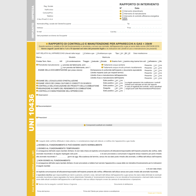 ET436 BLOCCO RAPPORTI CONTROLLO PER APPARECCHI A GAS <35kW UNI 10436:2019