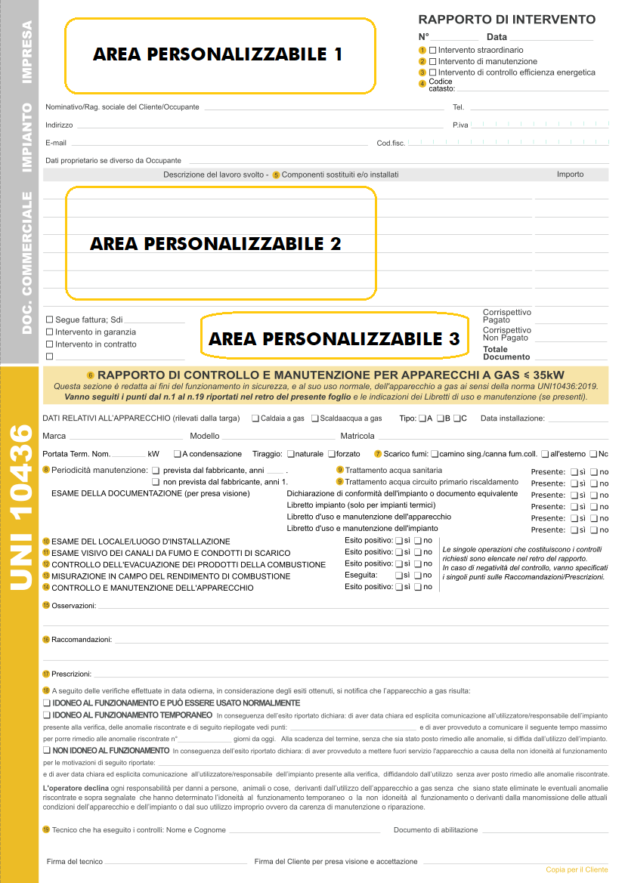 RAPPORTI UNI 10436 (CON DOC. COMMERCIALE) PERSONALIZZATI IN BLOCCO A 2 COPIE