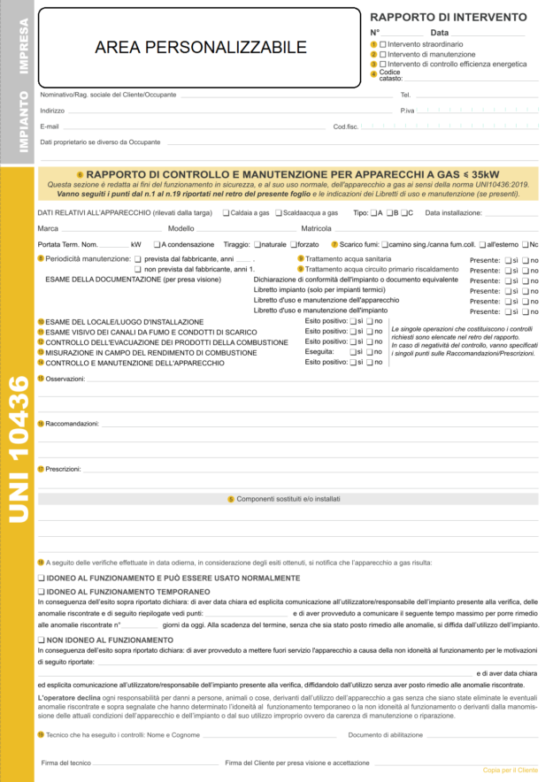 RAPPORTI UNI 10436 PERSONALIZZATI IN BLOCCO A 2 COPIE