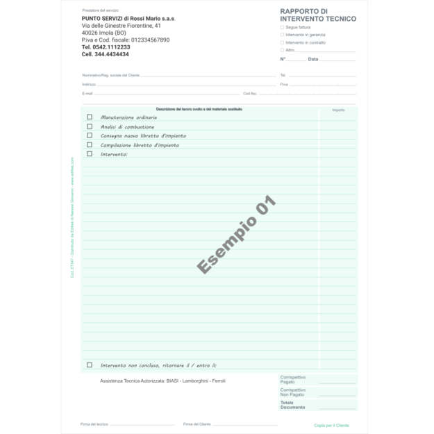 ET347PBN RAPPORTI DI INTERVENTO TECNICO PERSONALIZZATI (B/N)
